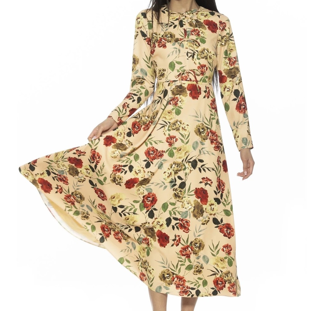Floral Long Sleeve Midi Dress Vintage Cottagecore Prairie Tea Party Red Cream g5
